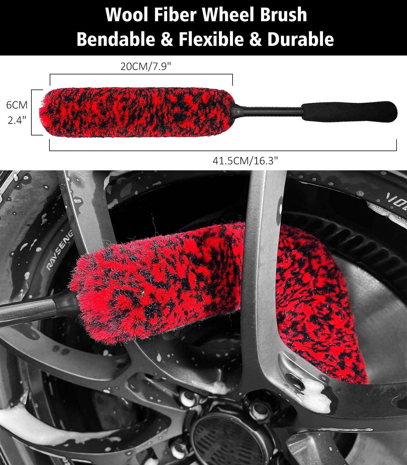 YeewayVeh 4Pack Car Wheel Cleaning Kit, Bendable Wheel Brush and Microfiber Rim Cleaner Brush, Tire Brush and Car Detailing Brush, Soft & No-Scratch Auto Wheels Cleaning Set for All Wheel Types, Red