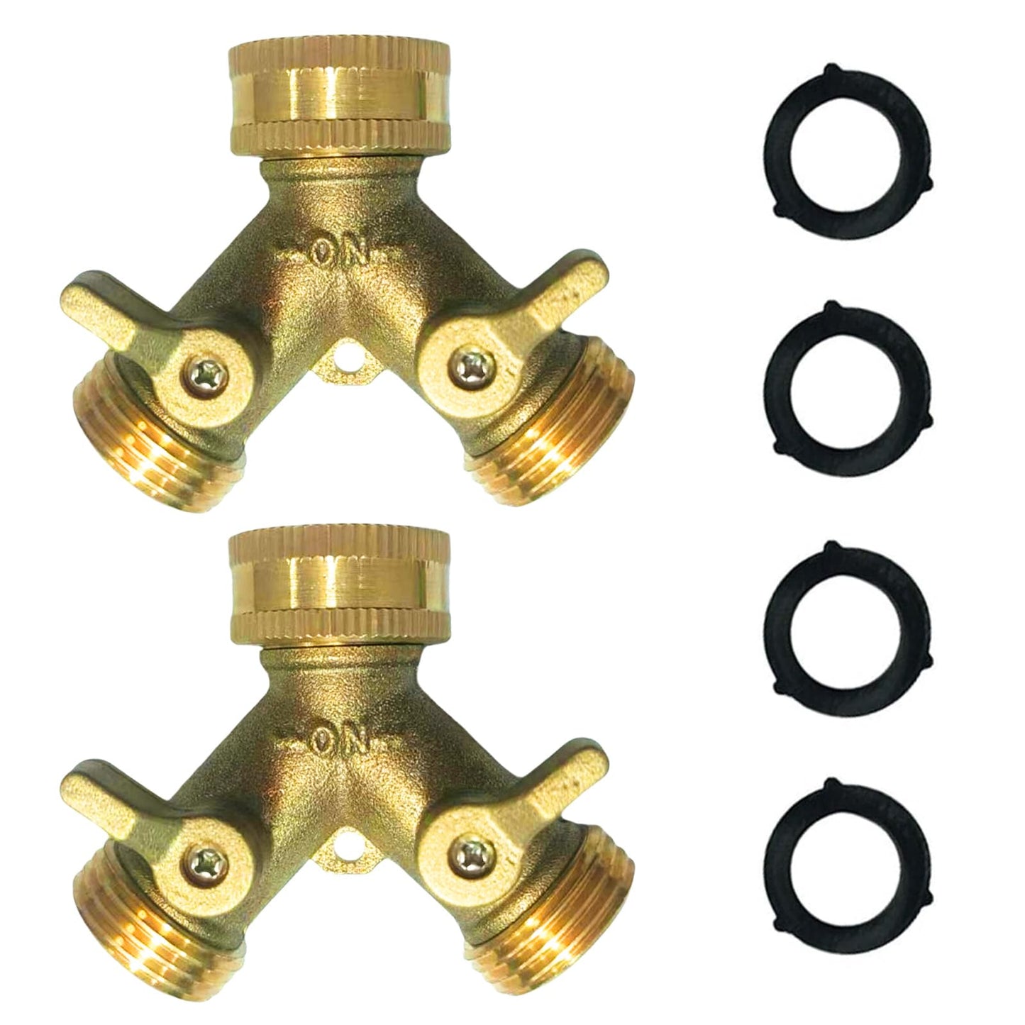 Anxingo 2 Way Heavy Duty Brass Garden Hose Connector Splitter Y Shut Off Valve for Lawn and Garden, Outlet Hose Splitter, Hose Spigot Adapter with 2 Valves, 3/4" GHT Thread 4 Rubber Washers