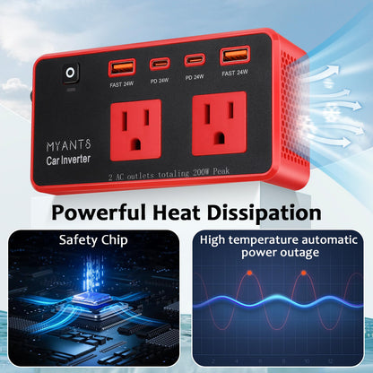 200W Car Power Inverter, DC 12V to 110V AC Car Plug Adapter Outlet with 4 USB Fast Charging Port, Car Charger Cigarette Lighter Adapter for Laptop，Road Trip