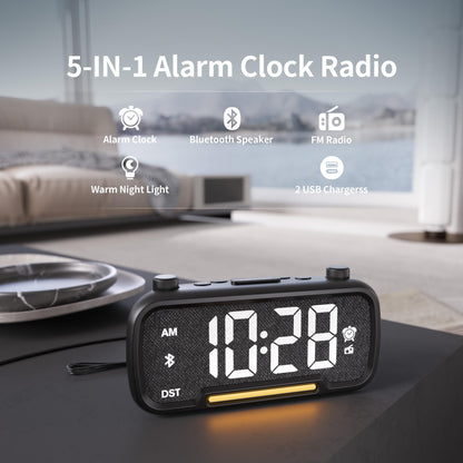 Digital Alarm Clock Radio for Bedrooms with Bluetooth Speaker, High Fidelity Sound, Bedside Clock with 2 Charging Ports, Adjustable Dimmer & Volume, Night Light, Auto-Off Timer, Ideal for Home Office