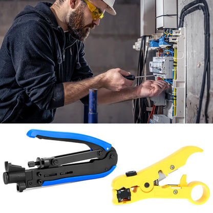 QWORK Coax Cable Crimper Kit with Adjustable Crimping Capability for RG6, RG59, RG11, Precision Cable Stripping and Cutting Tools with 10 RG6 F Connectors