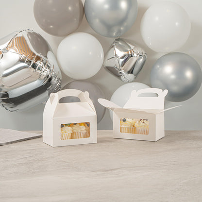 Restaurantware Gable Gift Boxes Pack of 100 Greaseproof Paper Treat Boxes 6 x 3.5 x 3.5 Inches With Window, Disposable Design White Containers for Weddings or Birthdays