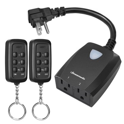 DEWENWILS Outdoor Wireless Remote Control Outlet, 2 Independent Control Sockets Weatherproof Electrical Remote Control Switch, 15A Heavy Duty with 2 Remote, 7 Inch Cord, 100 FT Range