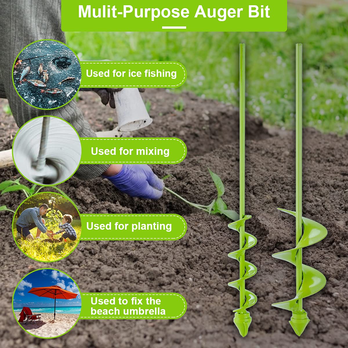 SLIIMU Auger Drill Bit for Planting, 1.6"x16" & 3.15"x16" Heavy Duty Steel Drill Head Garden Auger Spiral Drill Bit Set,Earth Bulb Auger Drill Planter,Soil Post Hole Digger for 3/8" Hex Cordless Drill