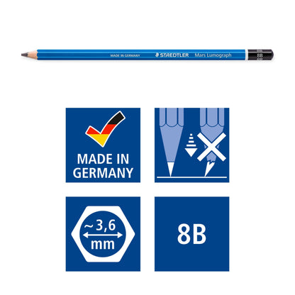 Staedtler Mars Lumograph 8B Graphite Art Drawing Pencil, Soft, Break-Resistant Bonded Lead, 12 Pack, 100-8B
