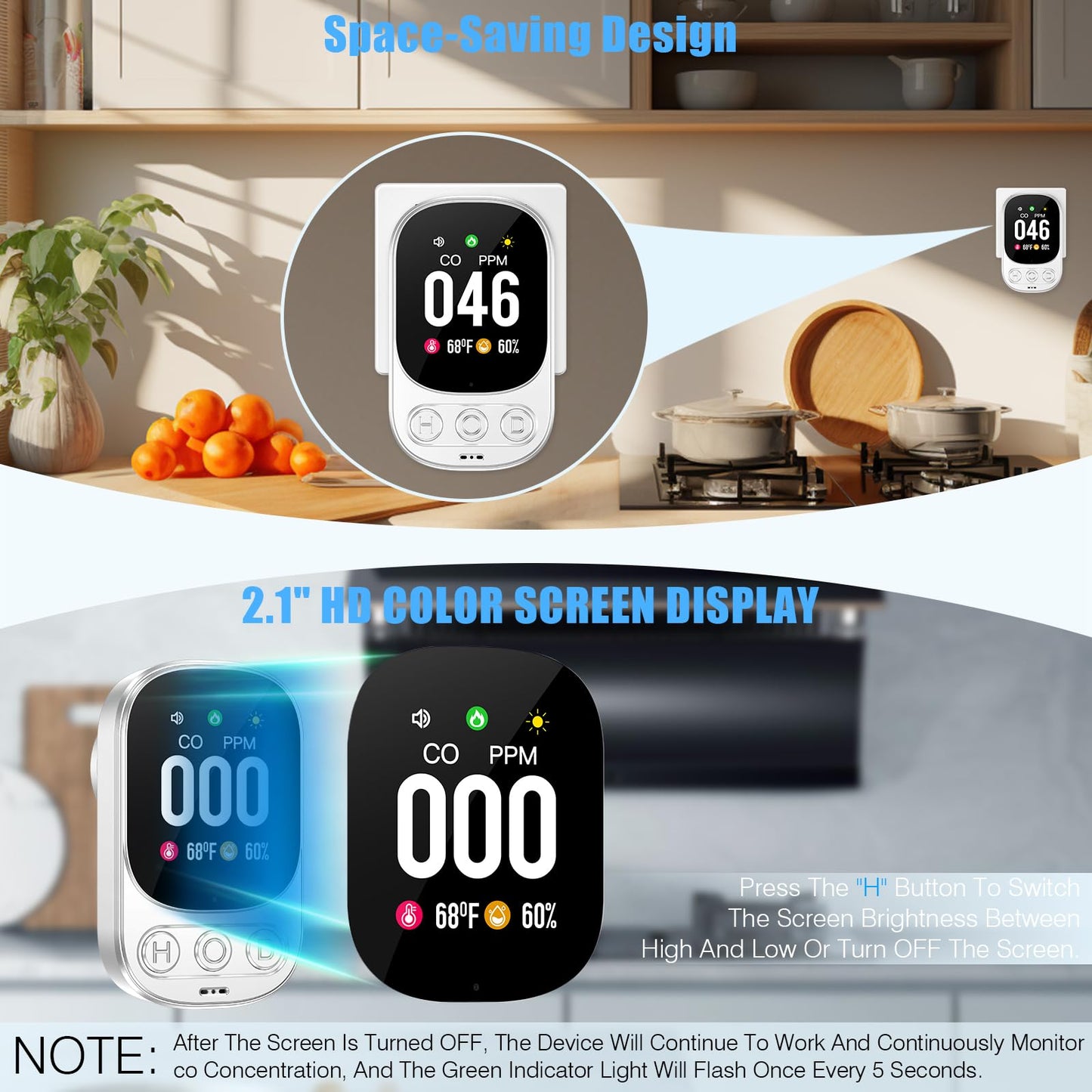 YOJOCK Carbon Monoxide Detector Plug in Wall, 3-in-1 CO Detector with Temperature & Humidity Reference Display, Compact Monitor for Home, RV & Travel