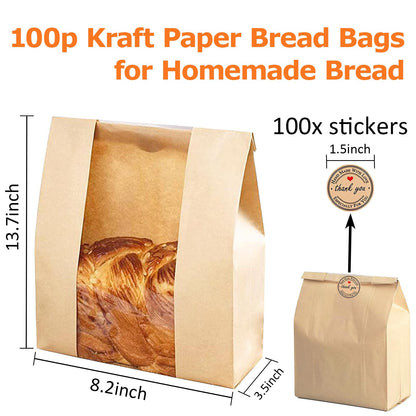 100 Pcs Bread Paper Bags for Homemade Bread Sourdough Bread Bags with Window Kraft Paper Bakery Bags for Loaf, Sourdough, Cookie, Pastry with Label Seal Stickers