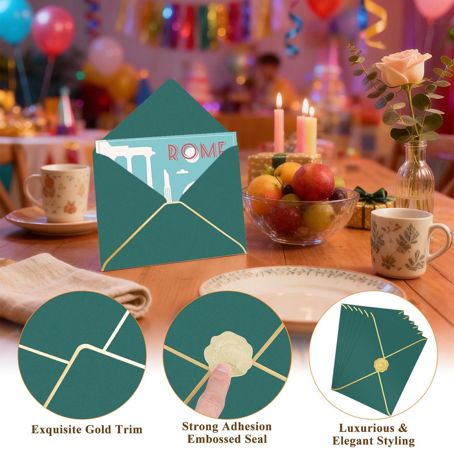 Supkiir 5x7 Envelopes for Invitations, 100 Pack V Flap Green Invitation Envelopes with Gold Border, Self Adhesive Envelope for Birthday, Weddings, Graduations, Baby Shower