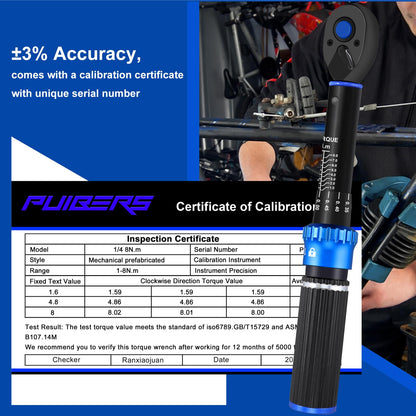 PUIBERS 1/4" Drive Small Torque Wrench, 1-8 Nm,Dual-Direction 72-Tooth Click Torque Wrench Newton Meter for Bikes, Electronics, Small Engine Repairs, and Delicate Fasteners