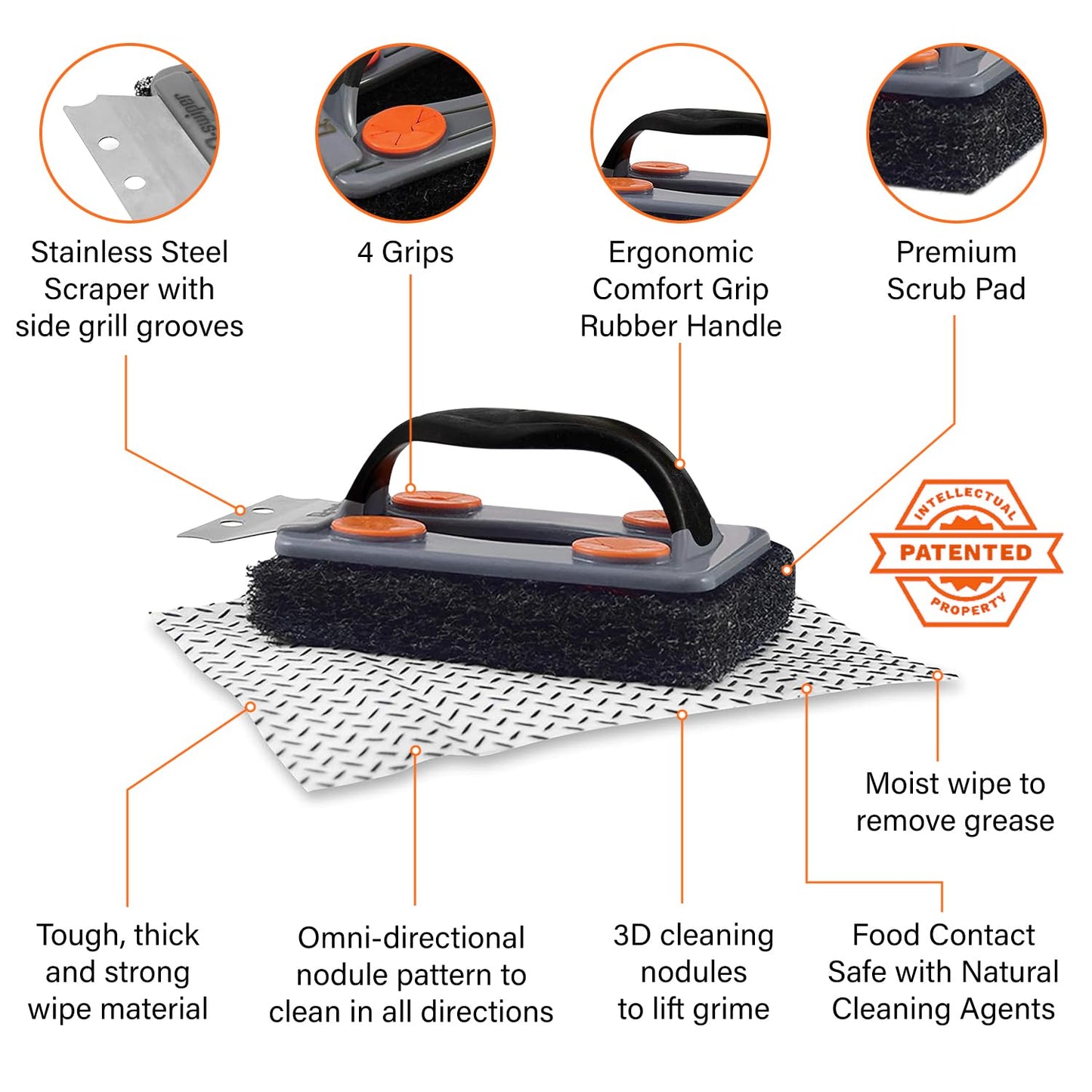 Q-Swiper BBQ Grill Cleaner Set - 1 BBQ Brush with Scraper and 25 BBQ Grill Cleaning Wipes. Bristle Free & Wire Free. Safe Way to Remove Grease and Grime for A Clean and Healthy Grill!