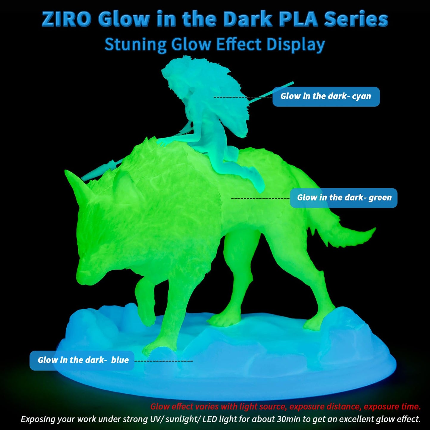 ZIRO Glow in The Dark Filament, PLA Filament 1.75mm, Luminous 3D Printer Material, Strong Glow Effect 1KG(2.2lbs) Spool, Dimensional Accuracy +/- 0.03mm, fit Most FDM 3D Printers, Blue