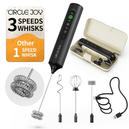 CIRCLE JOY Electric Milk Frother with 3 Variable Speeds, 3 Whisks and Storage Box, Rechargeable Handheld Coffee Frother Drink Mixer Foam Maker for Latte, Cappuccino, Hot Chocolate, Protein Powder