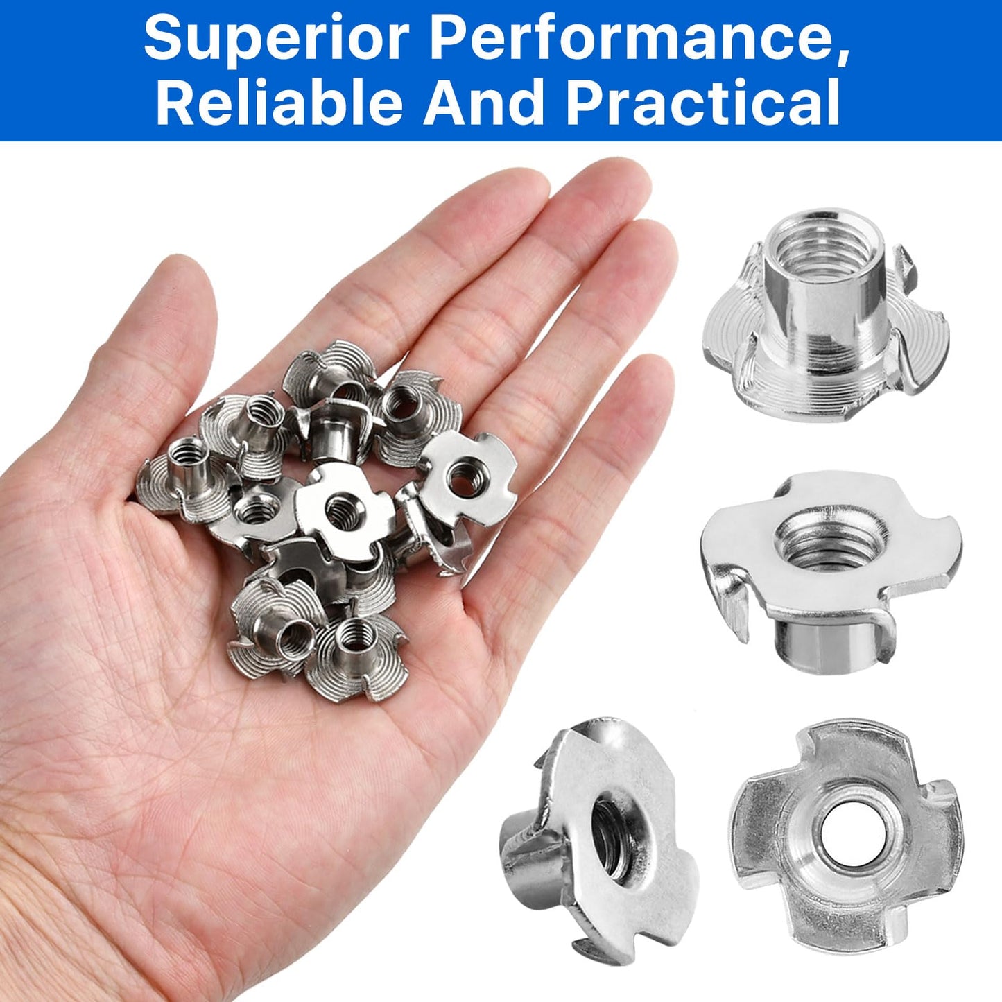 Akamino 100 Pack 1/4"-20 T-nut, 304 Stainless Steel Threaded Insert, 4-Pronged Tee Nut for Wood,Rock Climbing Holds,Cabinetry,Furniture