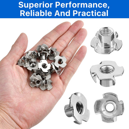 Akamino 100 Pack 1/4"-20 T-nut, 304 Stainless Steel Threaded Insert, 4-Pronged Tee Nut for Wood,Rock Climbing Holds,Cabinetry,Furniture