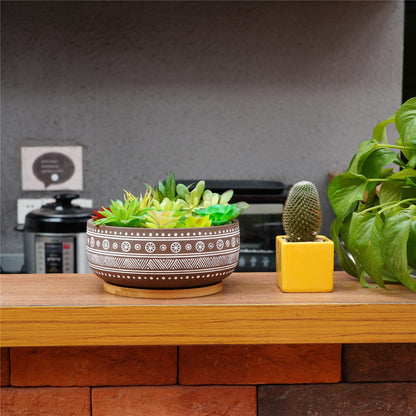 Thirtypot 8 Inch Terracotta Succulent Planter Pot with Drainage Hole and Bamboo Tray, Brown Round Shallow Bonsai Pot for Indoor Plants