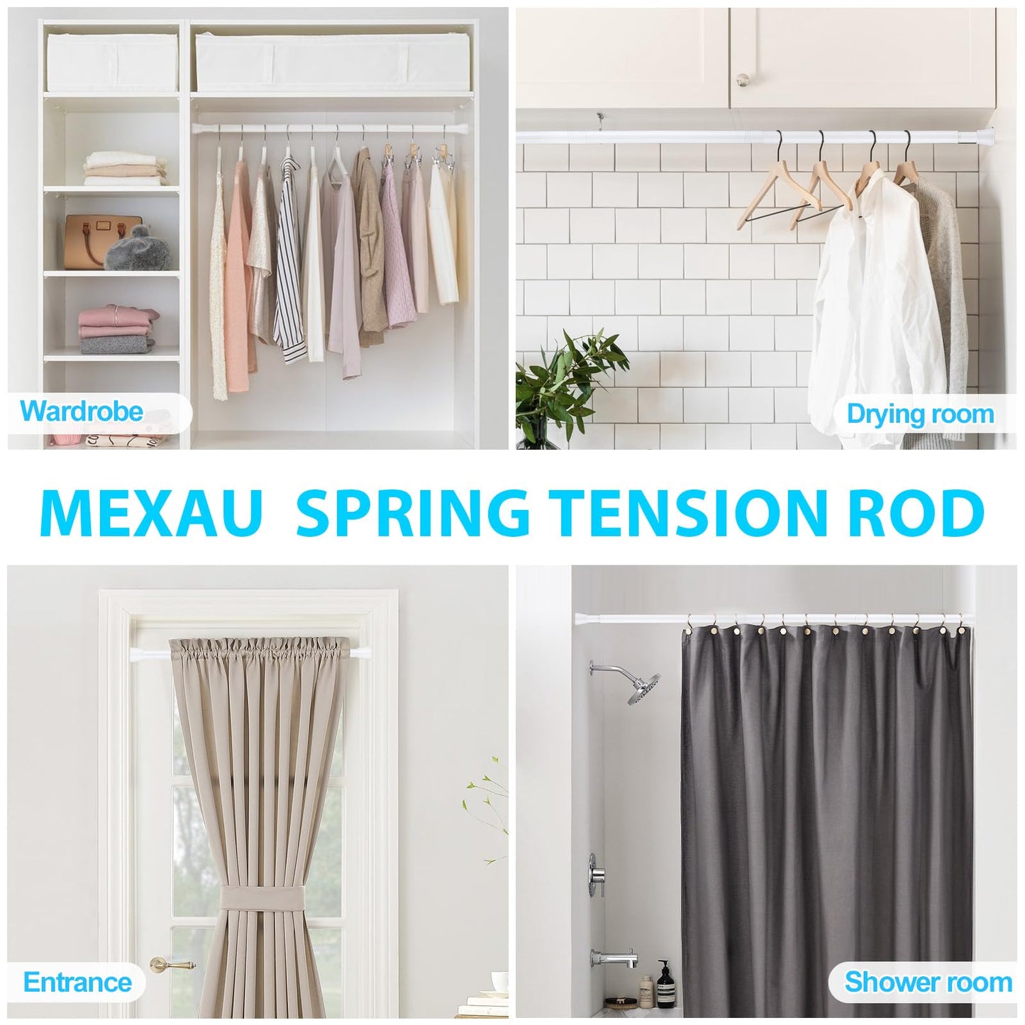 Tension Curtain Rod 30 to 64 Inch White Curtain Rod Adjustable Expandable Spring Tension Curtain Rod No Drilling 7/8" Spring Loaded Curtain Rods for Windows Bedroom Closet Doorway Door