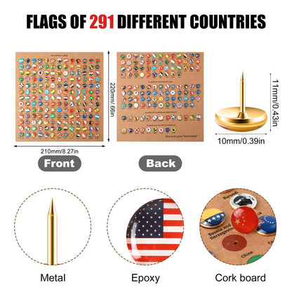 291pcs National Flag Thumb Tacks, Creative Country Flag Push Pins with Cork Board Push Pins for Map Travel Map Tacks for Bulletin Boards Soft Boards Offices Homes