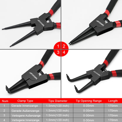WISEUP Pliers Set, 170mm 4-Piece Bent/Straight Internal External Circlip Plier, Industrial Carbon Steel plier Set, Anti-Rust, Anti-Bending and Labor-Saving Split Ring Pliers, with Storage Bag