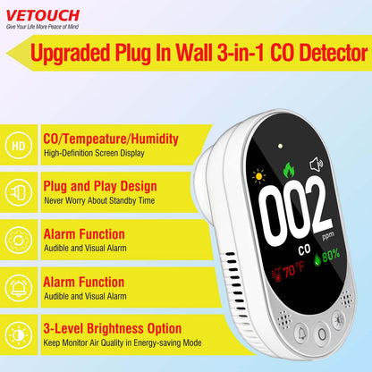 VETOUCH Carbon Monoxide Detector Plug in, Portable Carbon Monoxide Detectors, Simultaneously Checks Temperature/Humidity, Remind Function,Clear LCD Display,for Home Kitchen RV Travel CO Detector
