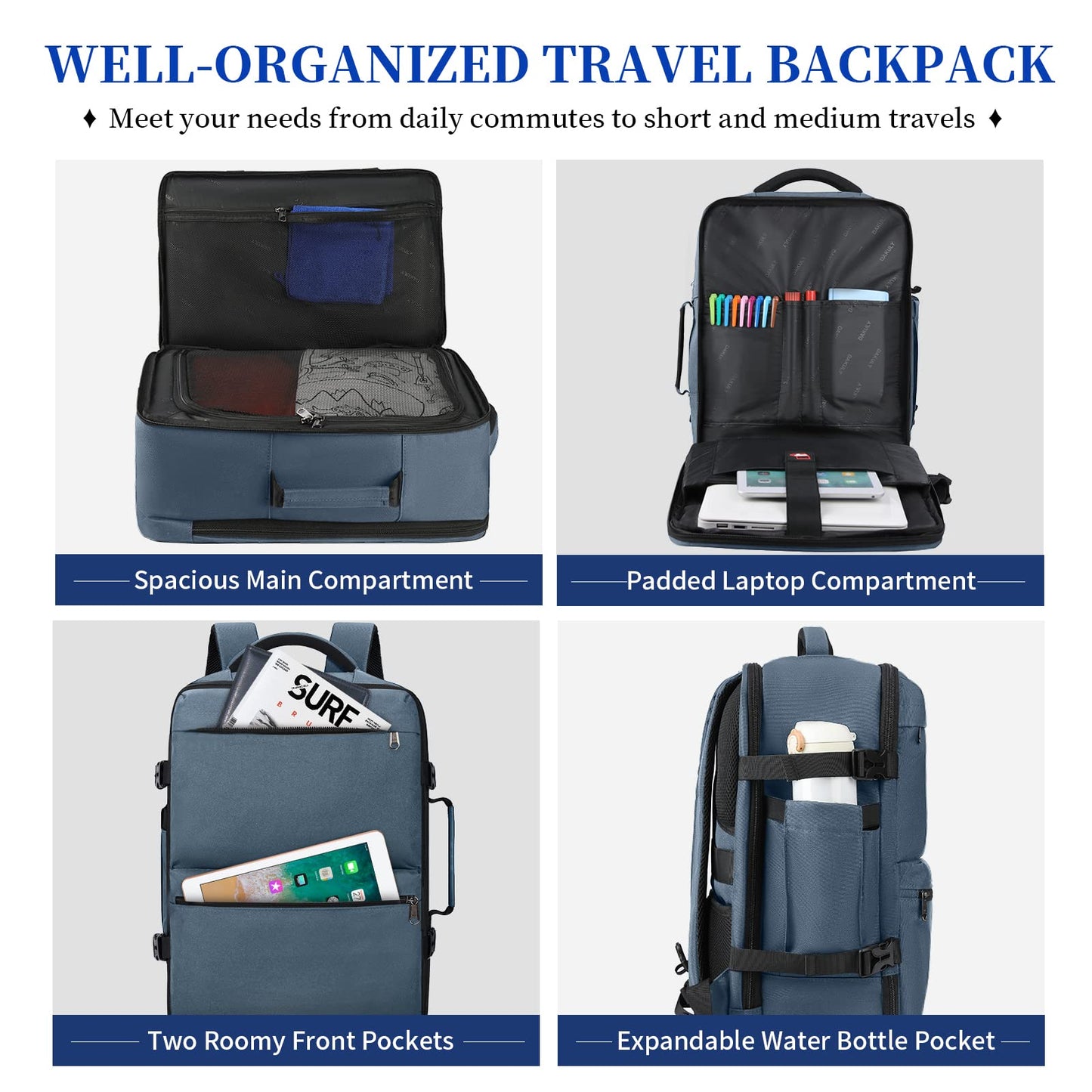 Travel Backpack 15.6 inch Laptop Backpack Waterproof Carry On Backpack Flight Approved Weekender School Backpack for Men Women