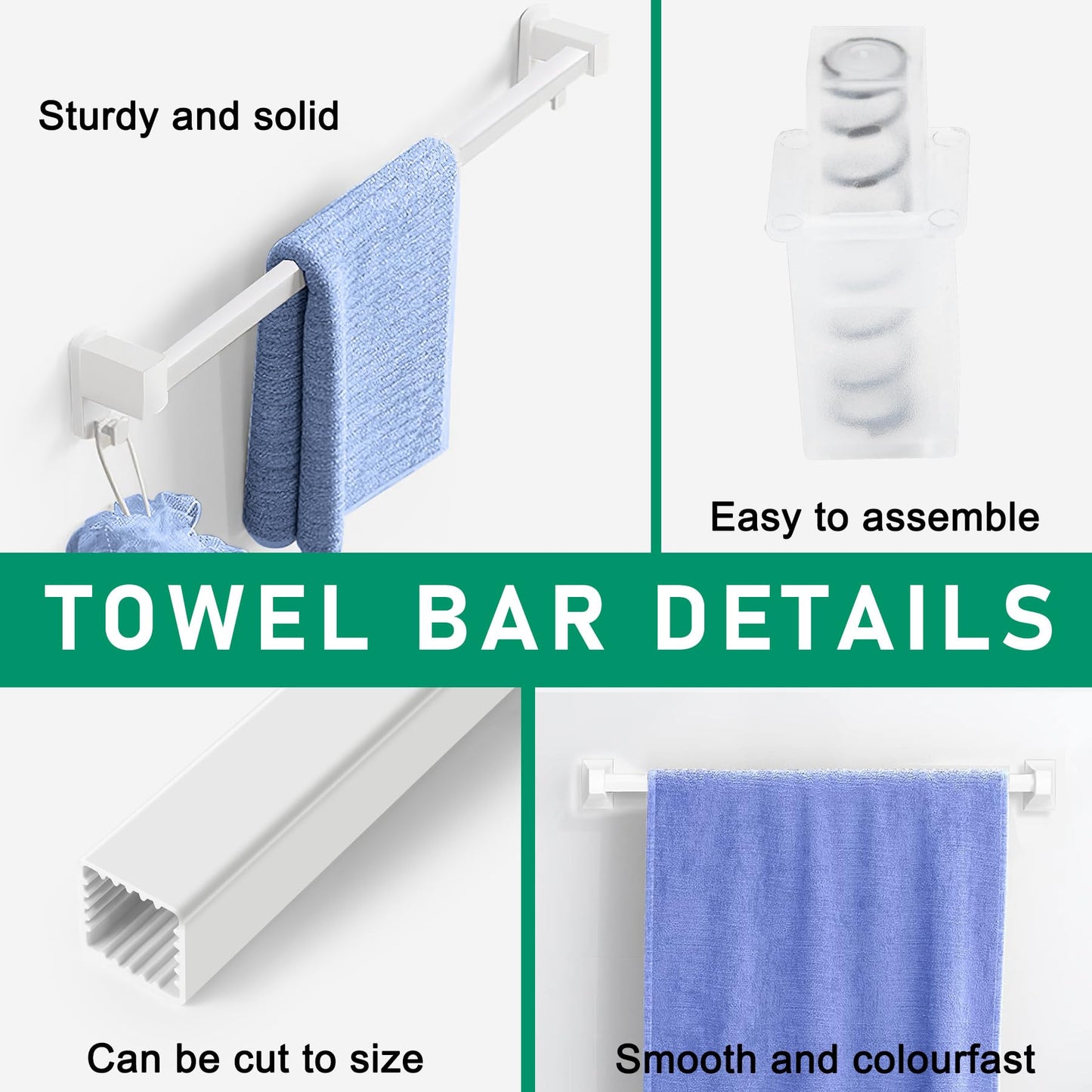 24-Inch Spring End Wall-Mounted Towel Bar, Adjustable Sturdy Plastic Towel Holder for Bathroom Kitchen Towel Storage White