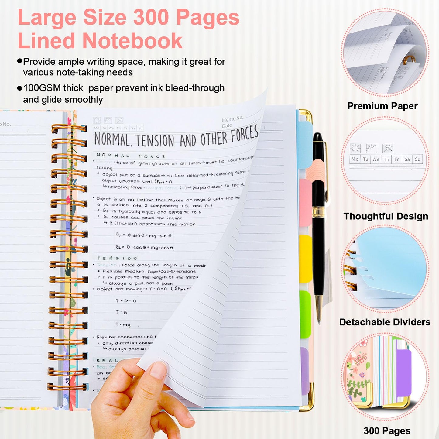 Spiral Journal Notebooks for Work, 300 Pages 5 Subject Notebook College Ruled with Dividers & Tabs, Notebook Journal for Women Students Note-Taking and Organizer (Beige Bloom, B5(8"x10"))