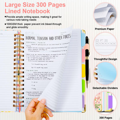 Spiral Journal Notebooks for Work, 300 Pages 5 Subject Notebook College Ruled with Dividers & Tabs, Notebook Journal for Women Students Note-Taking and Organizer (Beige Bloom, B5(8"x10"))