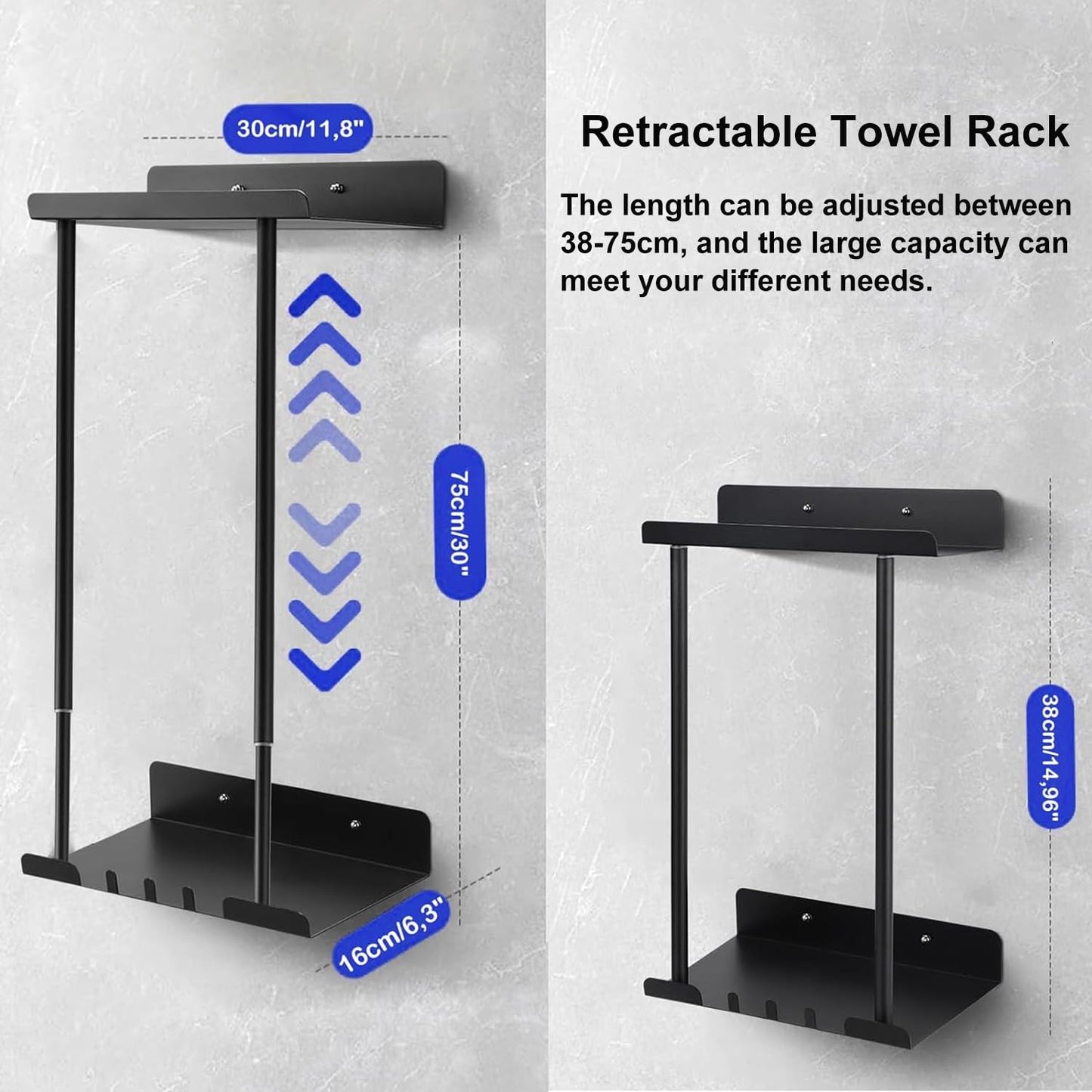 Towel Racks for Bathroom, No Drilling Towel Holder Towel Rack, Towel Storage Wall Mounted, Adjustable Towel Rack Bathroom Storage, Bathroom Towel Shelf for Rolled or Folded Towels, Black