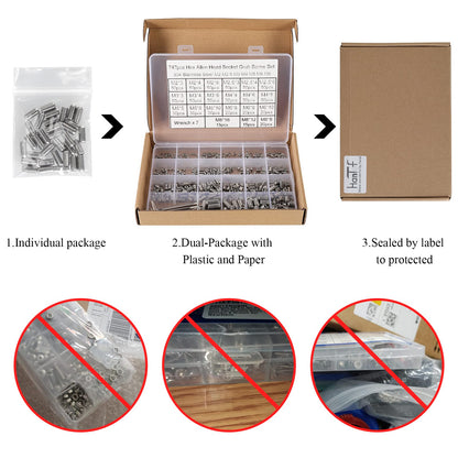 HanTof 747Pcs 21 Sizes Metric M2/M2.5/M3/M4/M5/M6/M8 Allen Head Socket Hex Grub Set Screws,Internal Hex Drive Headless Cup-Point Set Screws Assortment Kit with 7Pcs Hex Wrenches,304 Stainless Steel