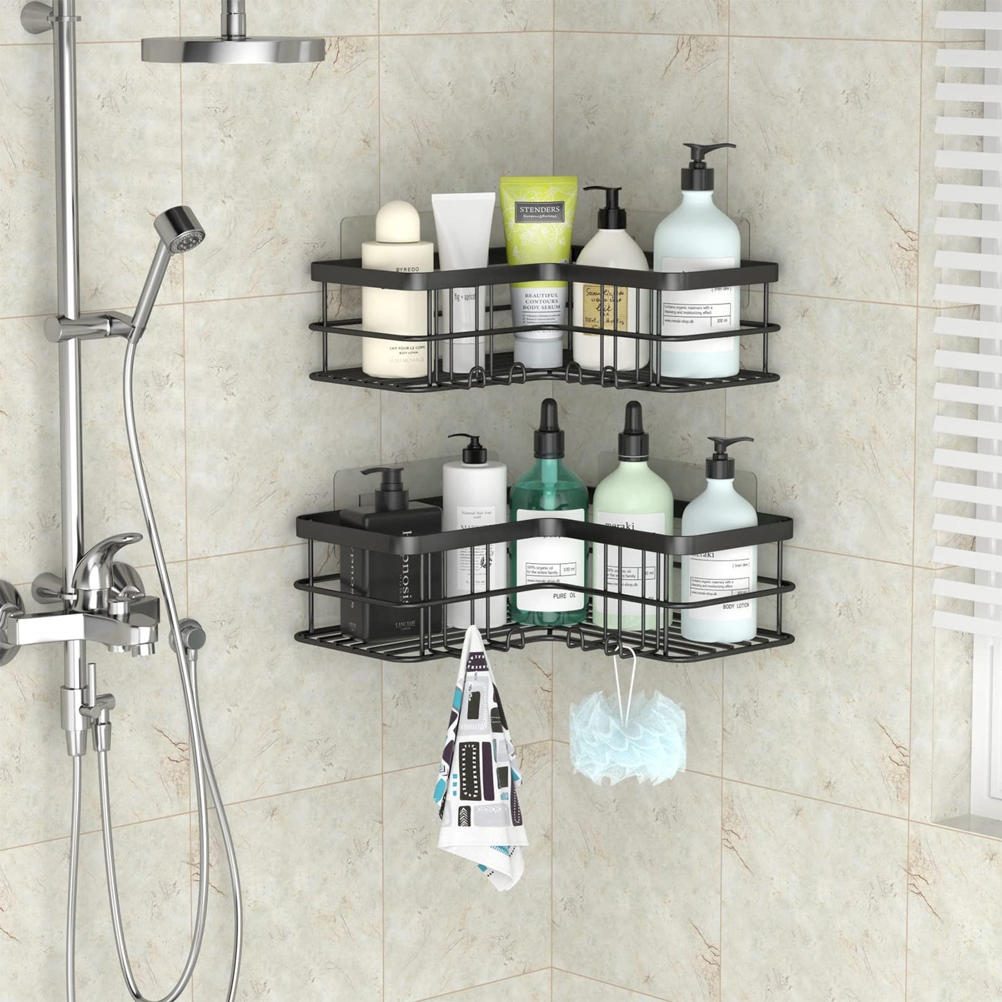 Yazoni Corner Shower Caddy, Adhesive Shower Shelves No Drilling [2-Pack], Rustproof Stainless Steel Bathroom Shower Organizer Wall Mounted with 8 Hooks (Black)