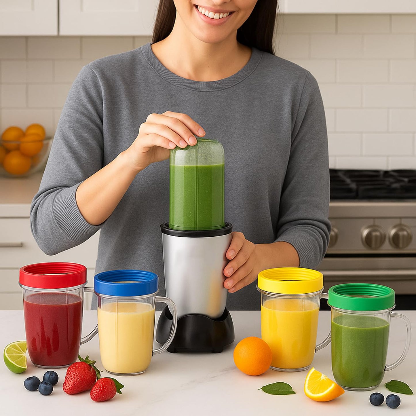 16oz Cups Compatible with Original Magic Bullet Blender Juicer 250W MB-1001 Party Cups Mugs with Colored Lip Rings,No Lids(Pack of 4)