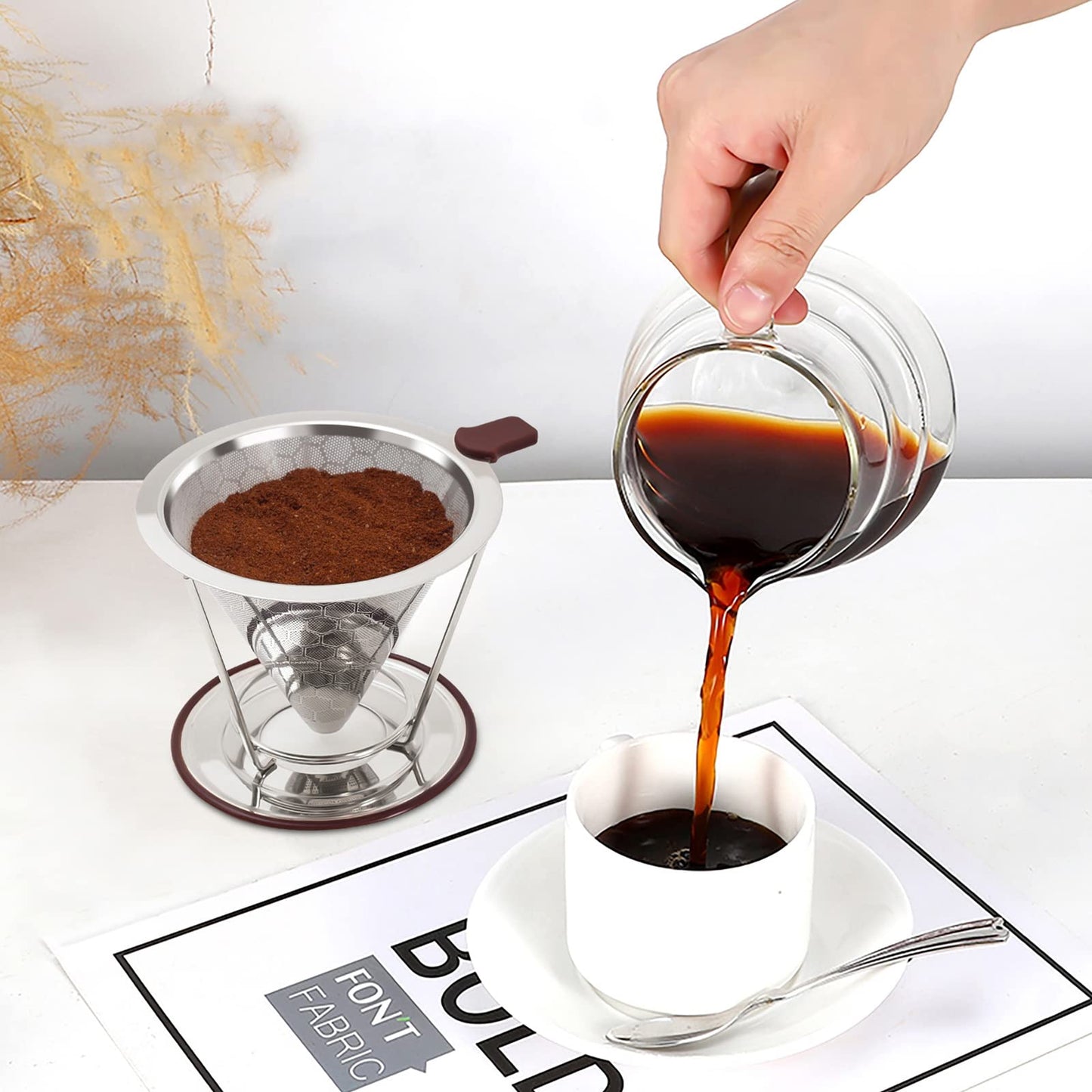 Pour Over Coffee Dripper, Stainless Steel Coffee Filter Reusable Pour Over Coffee Filter Cone Coffee Dripper… (Removable 1-2Cup)
