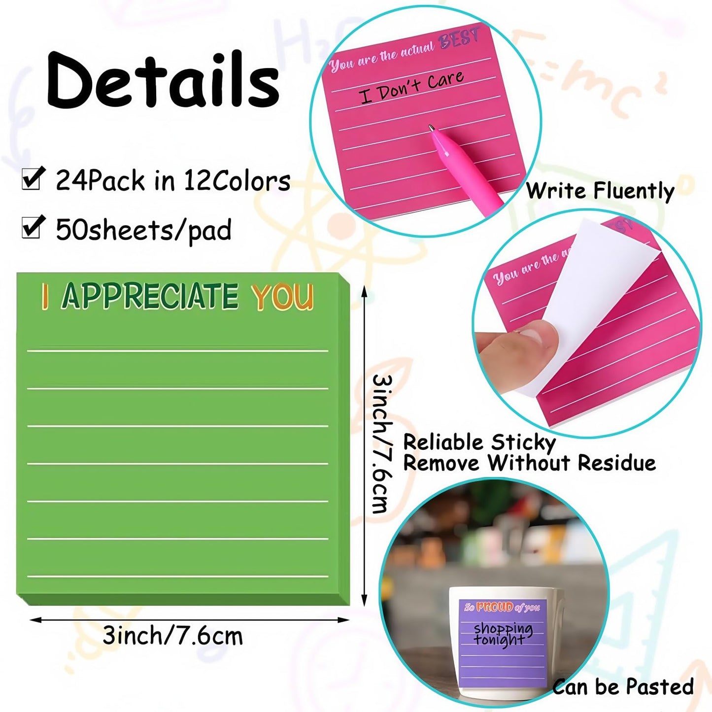 Wonninek 24 Pcs Employee Appreciation Sticky Notes 3'' x 3'' Motivational Self-Stick Memo Note Pads Appreciation Gifts Sticky Memo Pad for Coworker Nurse Office Teacher Friends Colleagues Partners