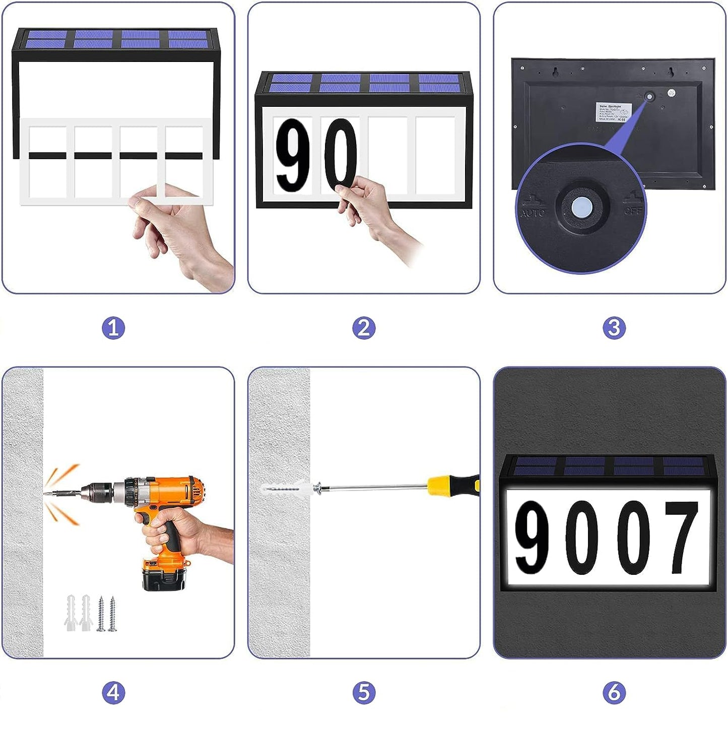 CcBear show Solar LED House Number Sign, White, Modern Style, Solar Powered Address Plaque with 3 Modes Lighting, Auto On/Off, Waterproof, Suitable for Outdoor Use