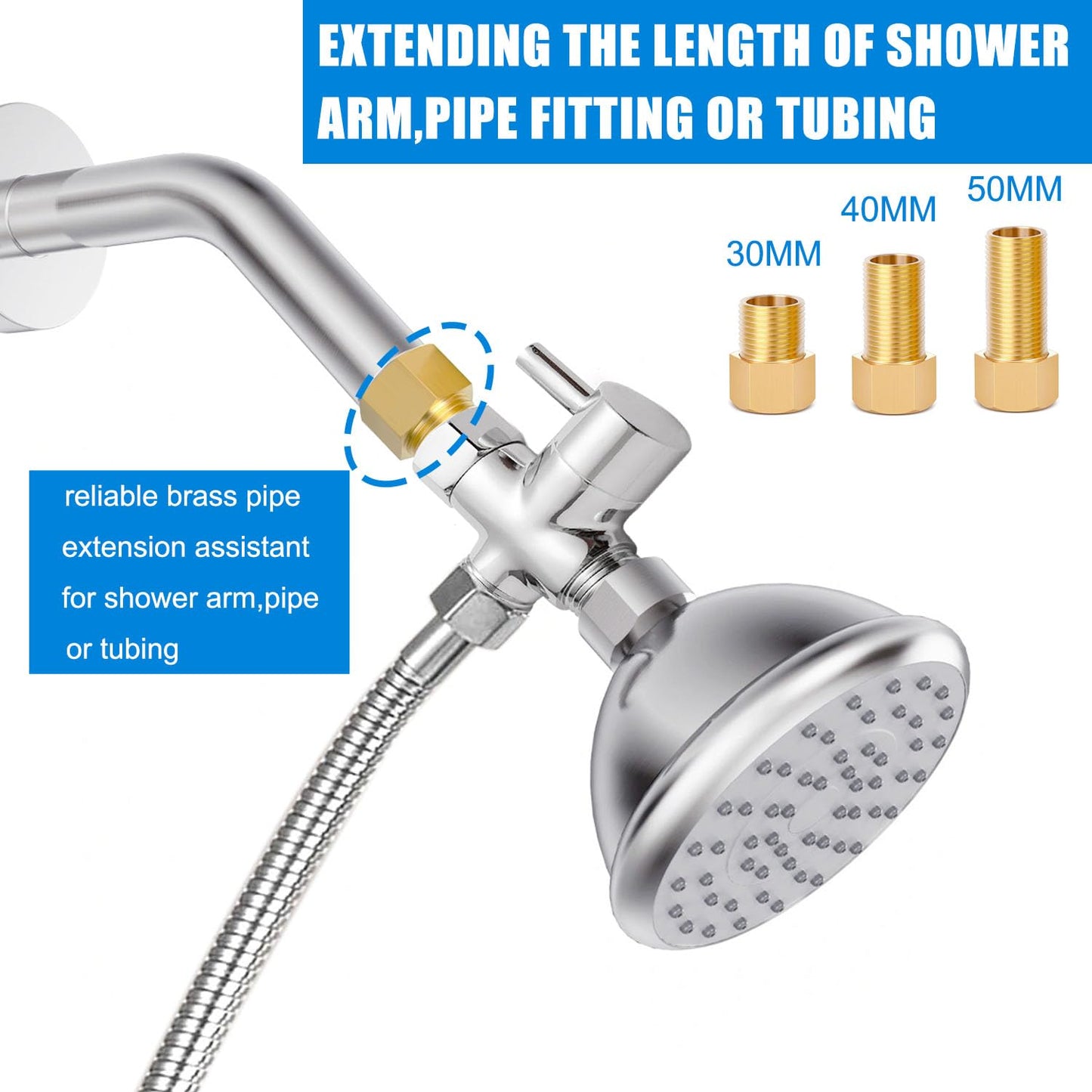 1/2" Brass Pipe Fitting, 1/2" Female to 1/2" Male Pipe Extension Fittings for Tub Spout/Shower,Brass Hex Bushing Adapter Reducer Adapter,Length 30MM/40MM/50MM (3PCS) with Teflon Tape (2pcs)