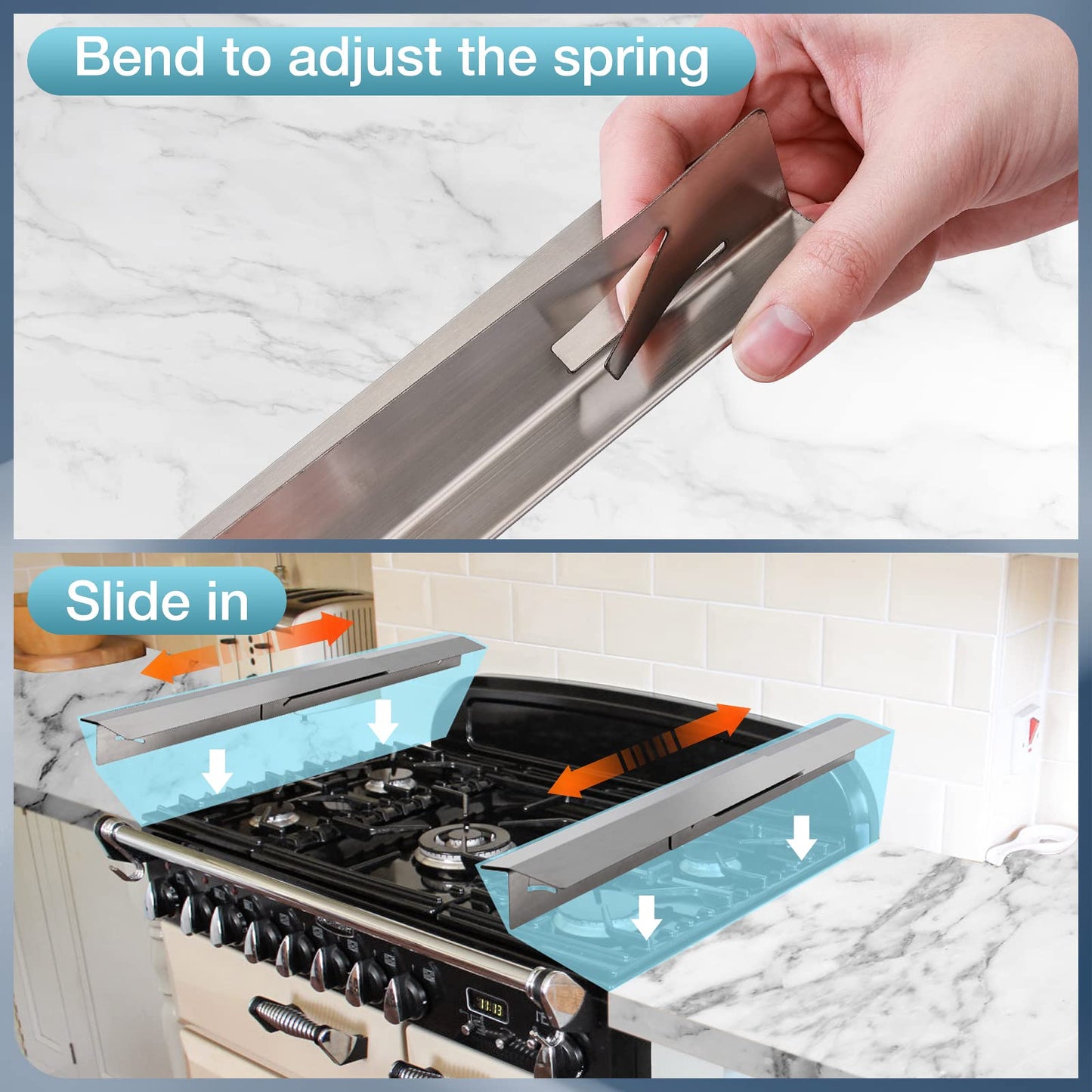 2PCS Kitchen Stove Counter Gap Covers, 316 Stainless Steel Gap Cover, Cooktop Trim Kit, Stove Gap Guards, Oven Gap Filler, Heat Resistant & Effectively Protect Stove Gap Filler(13.8"-27.5" Silver)
