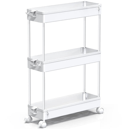 SPACEKEEPER Slim Rolling Storage Cart, Laundry Room Organization, 3 Tier Mobile Shelving Unit Bathroom Organizer Utility Cart for Kitchen, Narrow Places,White
