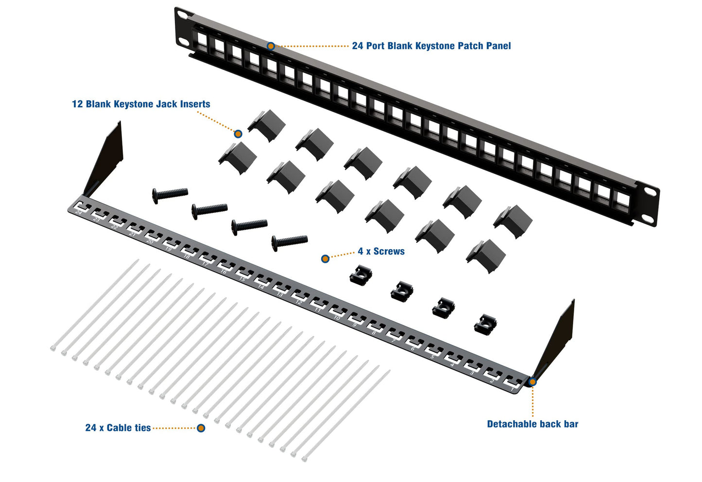 Iwillink 24 Port Blank Keystone Patch Panel with (12-Pack) Blank Keystone Jack Inserts - 1U 19" Metal Rackmount or Wallmount Housing for Keystone Jacks/Keystone Panel