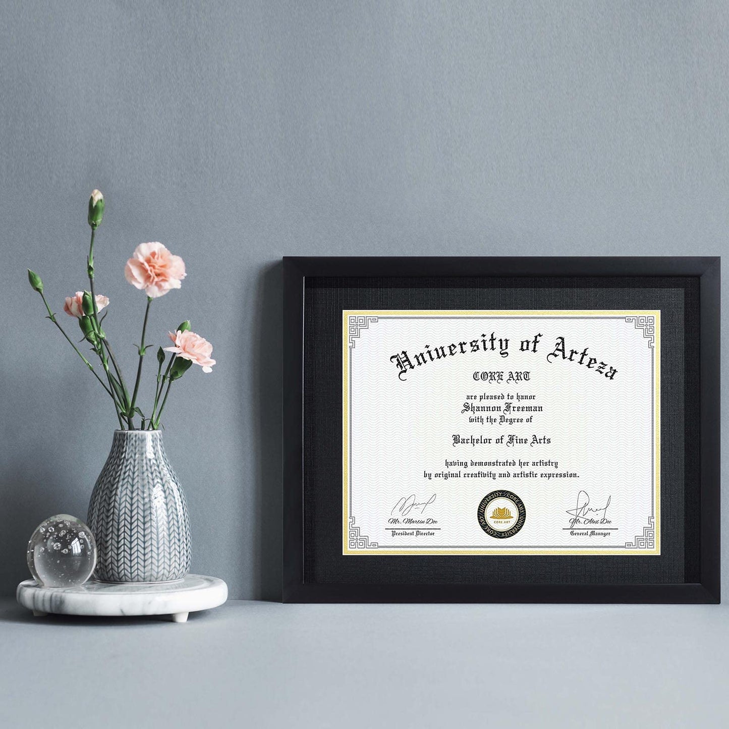 CORE ART 11x14 Diploma Frame Display Certificates 8.5 x 11 with Mat or 11 x 14 without Mat, College Degree Frame with Real Glass, Wall and Tabletop Display(Black)