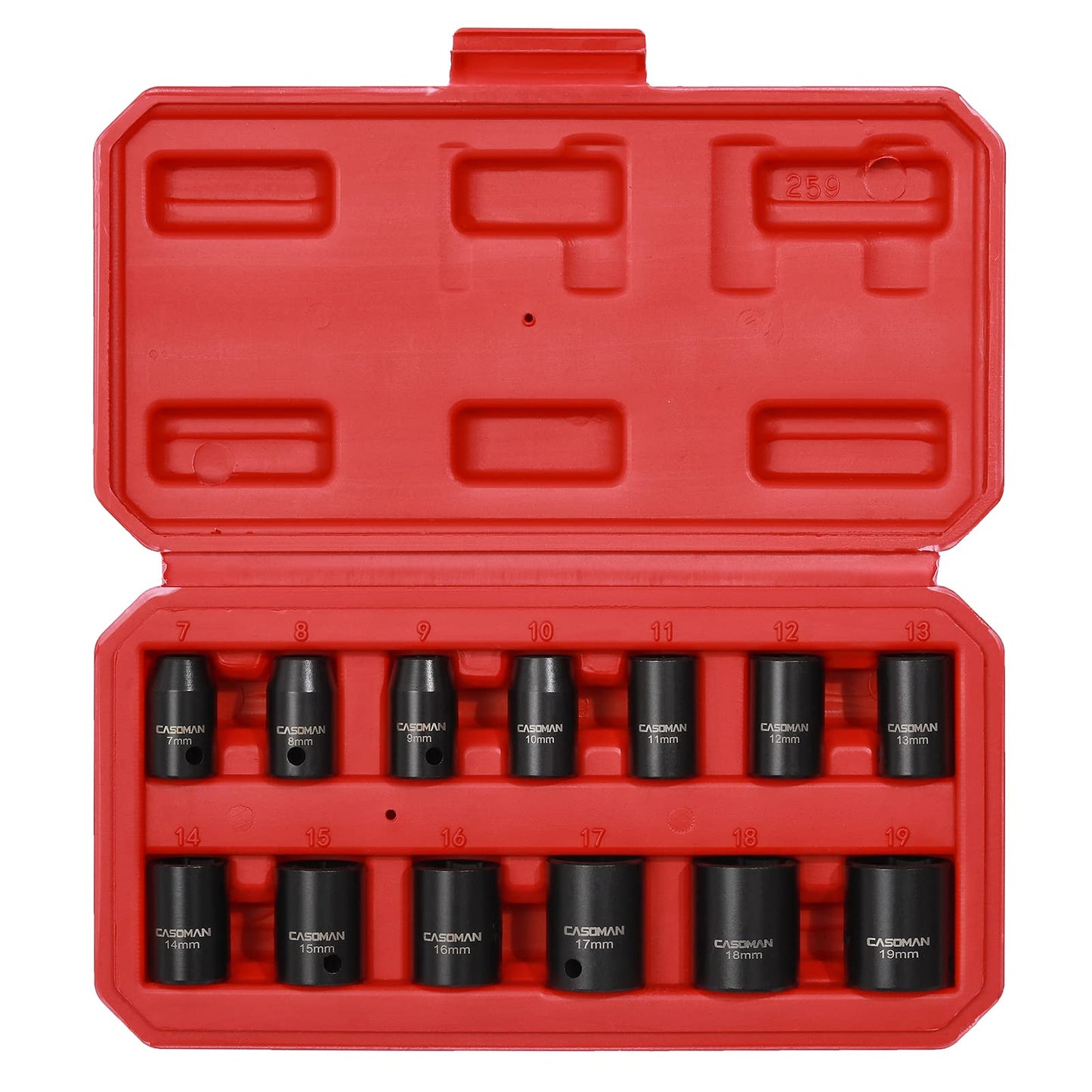 CASOMAN 13 Pieces 3/8-Inch Drive Impact Socket Set, 6-Point, Metric, Shallow, CR-V, 7mm to 19mm, Heavy Duty Blow Molded Storage Case