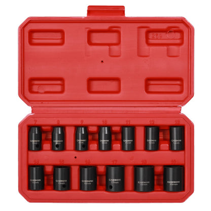 CASOMAN 13 Pieces 3/8-Inch Drive Impact Socket Set, 6-Point, Metric, Shallow, CR-V, 7mm to 19mm, Heavy Duty Blow Molded Storage Case