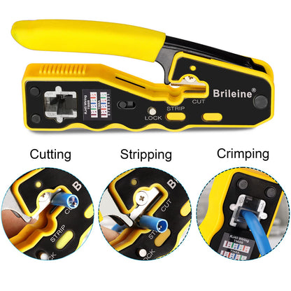 Brileine RJ45 Crimp Tool Pass Through RJ45 Crimper All-in-one Ethernet Crimper Kit with 50PCS Cat5e Cat6 RJ45 Pass Through Connectors, 50PCS Covers, Mini Wire Stripper