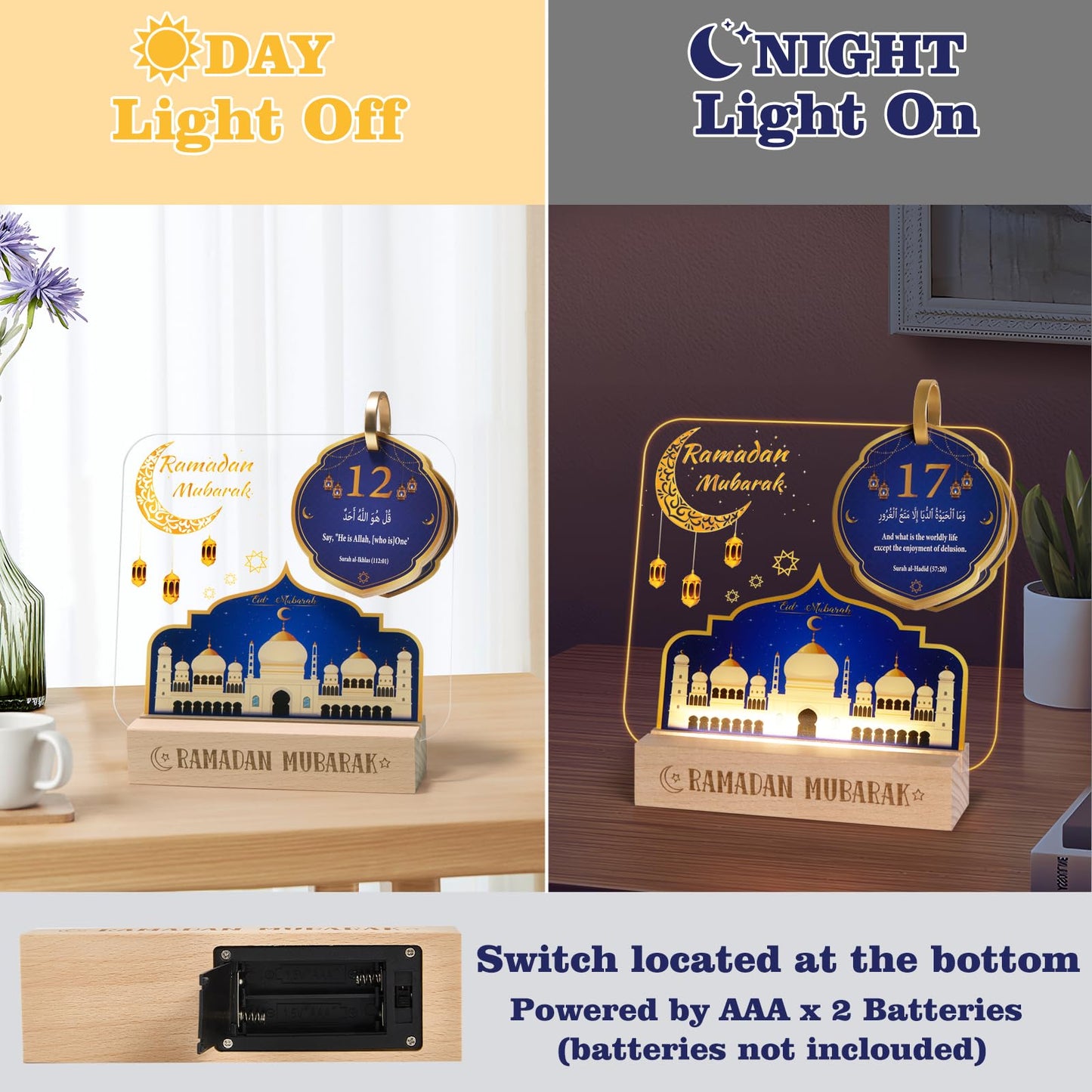 Ramadan Calendar Decorations, Acrylic Eid Light with Countdown Calendar,Ramadan Mubarak Gift for Home and Table Centerpieces