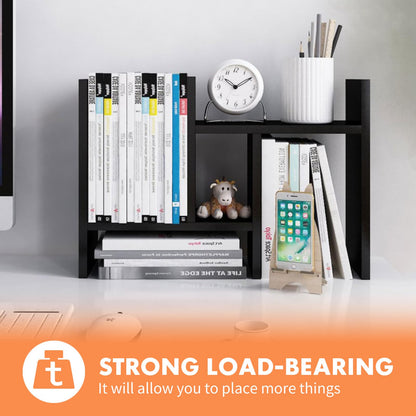 PowerKing Wood Desktop Organizer, Adjustable Desktop Bookshelf Display Shelf Rack for Home Office Desktop Storage Supplies Organization (Black)