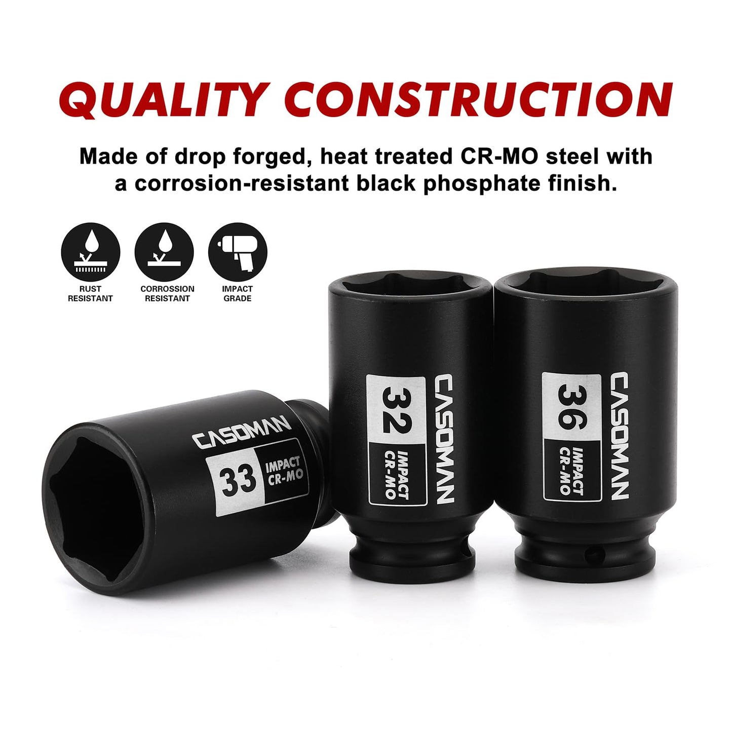 CASOMAN 1/2" Drive Deep Spindle Axle Nut Impact Socket Set, 6 Point, CR-MO,32,33,35,36mm, 4PC 1/2-Inch Impact Socket Set, Heavy Duty Use in Removing and Installing Axle Nuts