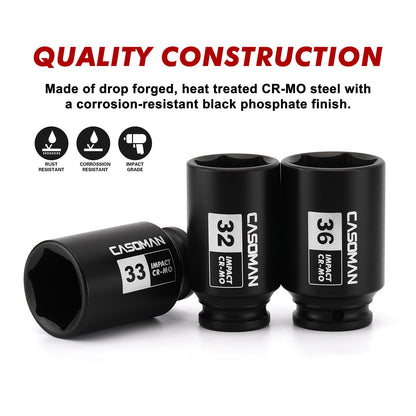 CASOMAN 1/2" Drive Deep Spindle Axle Nut Impact Socket Set, 6 Point, CR-MO,32,33,35,36mm, 4PC 1/2-Inch Impact Socket Set, Heavy Duty Use in Removing and Installing Axle Nuts