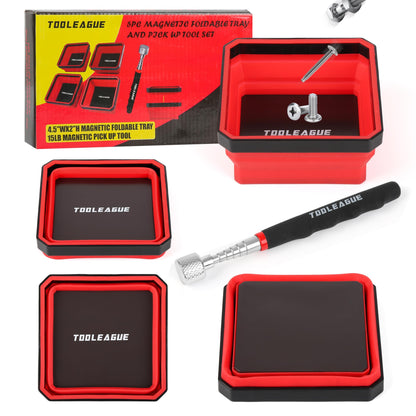 TOOLEAGUE 4Pcs Collapsible Magnetic Parts Tray Set with 15Lb Magnetic Pickup Pen,4.5" Square Silicone Foldable Tool for Organizing Screw Bolts Nuts Washers Pins and Other Small Metal Parts
