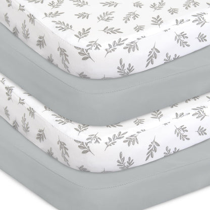 Bassinet Fitted Sheet(33" x 20"), 4 Pack for Most Bedside Sleeper Bassinet, Bassinet Sheets, Breathable & Soft Polyester, Grey Leaf
