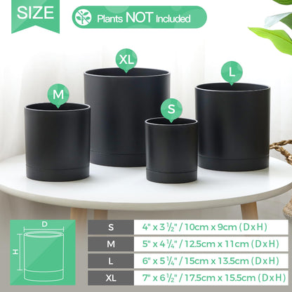 T4U 7/6/5/4 Inch Plastic Plant Pots with Saucer 4-Pack, Flower Planter Pot with Drainage Hole Black, Nursery Planting Pot for Snake Plant, African Violet and House Plants