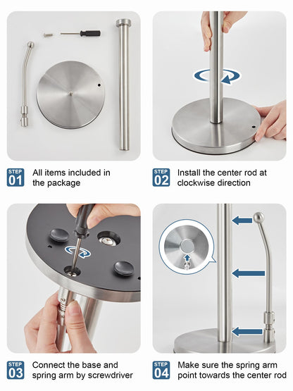 SMARTAKE Paper Towel Holder for One Hand Tear, Paper Towel Dispenser Standing Weighted Base Non Slip, Spring Arm Fit Most Size Paper Roll, Stainless Steel Paper Towel for Kitchen Countertop, Silver